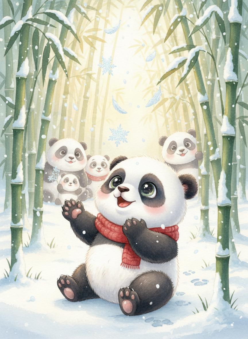 Panda's First Snow - baby panda Po catching snowflakes in a bamboo forest